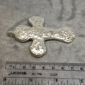Heavy Rustic/Textured Cross Shaped Silver Plated Brass Pendant with Attached Bail  - Measuring 61mm x 74mm - Sold Individually