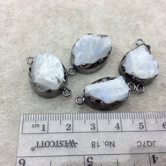 Gunmetal Finish Large Raw Nugget Genuine Moonstone Wavy Bezel Connector - ~ 16mm - 20mm Long - Sold Individually, Selected Randomly
