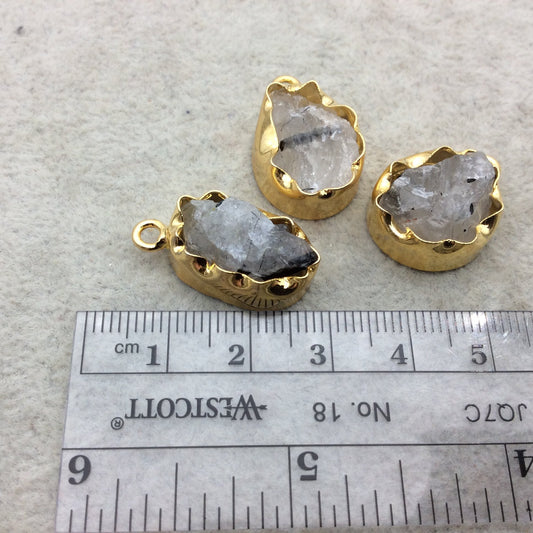 Gold Finish Medium Raw Nugget Genuine Rutilated Quartz Wavy Bezel Pendant - ~ 13mm - 16mm Long - Sold Individually, Selected Randomly