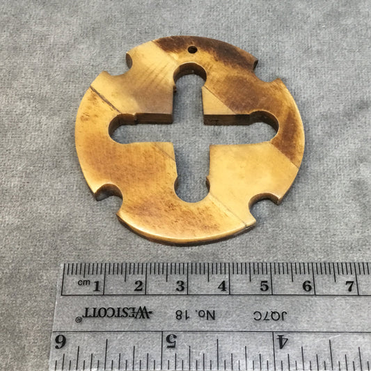 2.25" Brown Flat Open Center Cross/Shield Shaped Natural Ox Bone Focal Pendant - Measuring 58mm x 58mm, Approx.