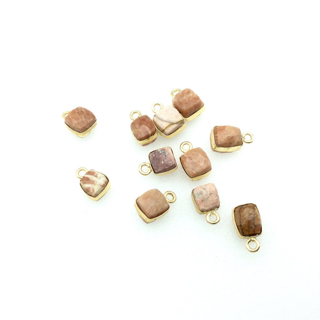 Gold Finish Faceted Rhodochrosite Cube/Square Shape Plated Copper Bezel Charm/Drop - Measures 7-8mm - Natural Gemstone - Sold Individually