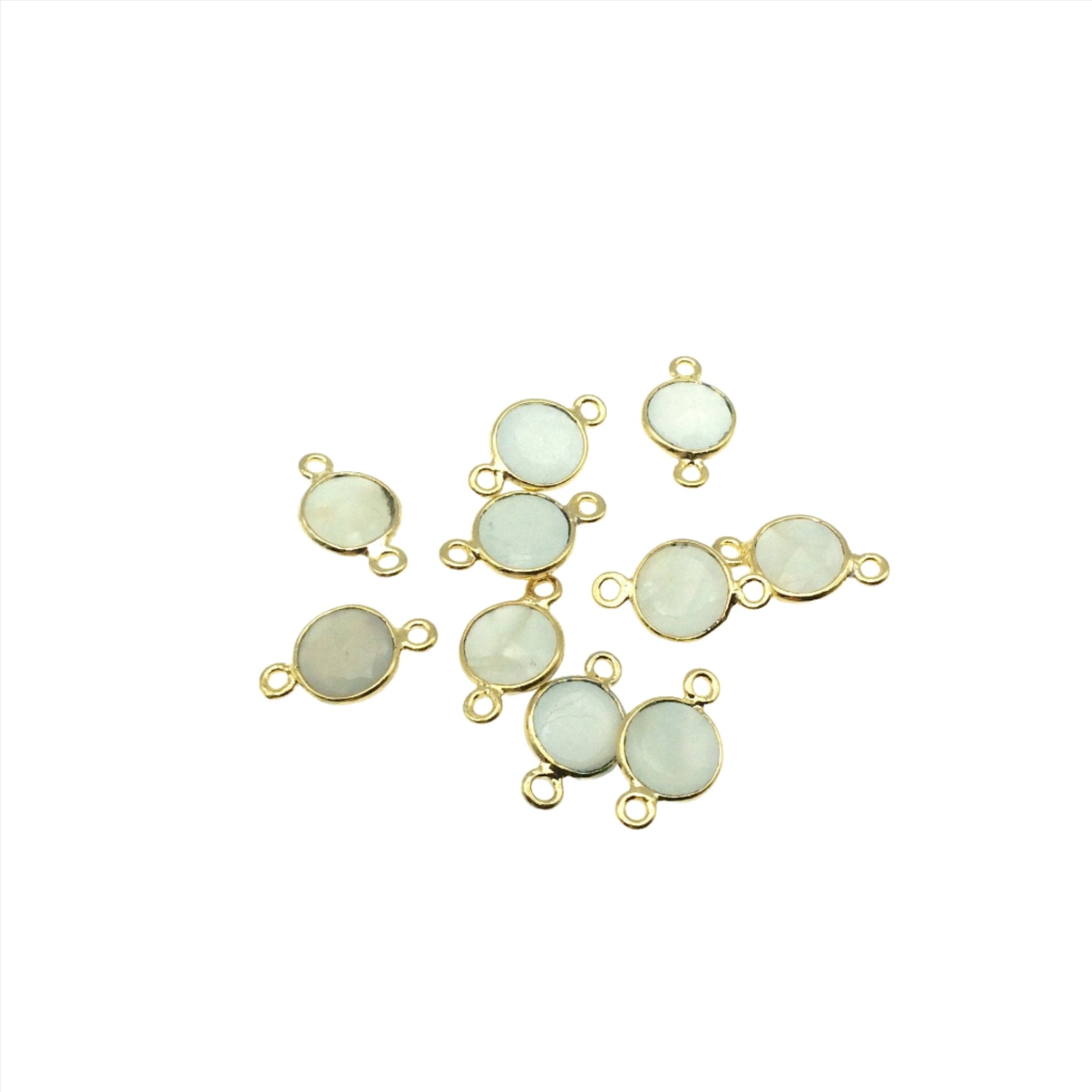 Gold Plated Natural Gray Moonstone  Faceted Round/Coin Shaped Copper Bezel Connector -  Measures 8mm x 8mm - Sold Individually, Random