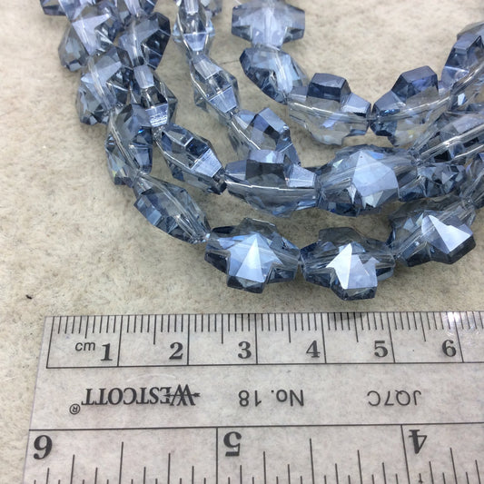 13mm x 13mm Glossy Faceted Transparent/Metallic Light Blue Crystal Glass Cross Shaped Beads - Sold By 12" Strands (~ 22 Beads)