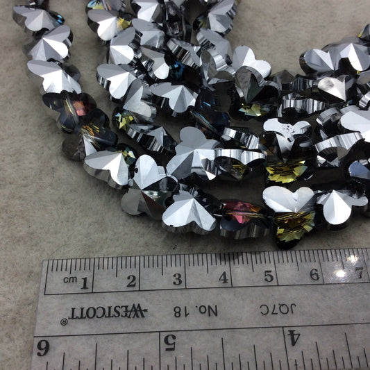 12mm x 15mm Glossy Faceted Transparent/Metallic Pink/Yellow/Silver Crystal Glass Butterfly Shaped Beads - Sold By 12" Strands (~ 25 Beads)