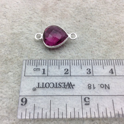 Sterling Silver Faceted Magenta (Lab Created) Quartz Heart/Teardrop Shaped Bezel Connector - Measuring 12mm x 12mm - Sold Individually