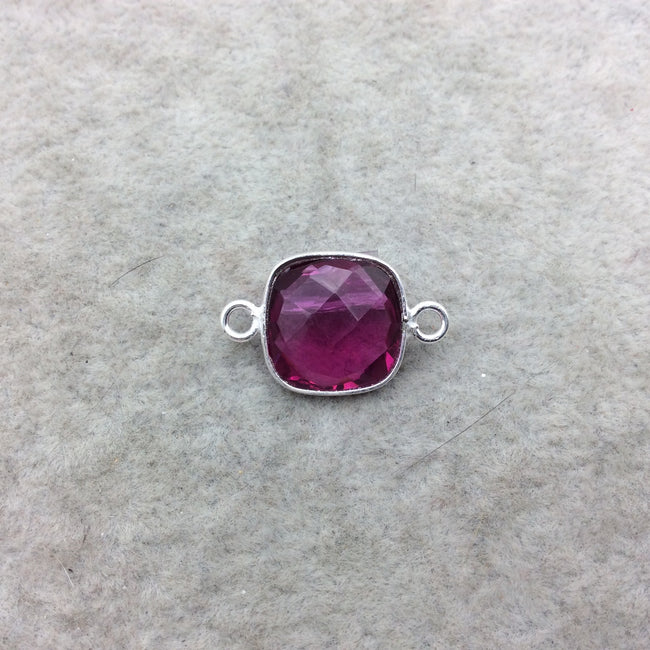 Sterling Silver Faceted Magenta (Lab Created) Quartz Square Shaped Bezel Connector - Measuring 12mm x 12mm - Sold Individually
