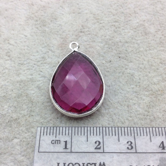 Sterling Silver Faceted Magenta (Lab Created) Quartz Teardrop Shaped Bezel Pendant - Measuring 18mm x 25mm - Sold Individually
