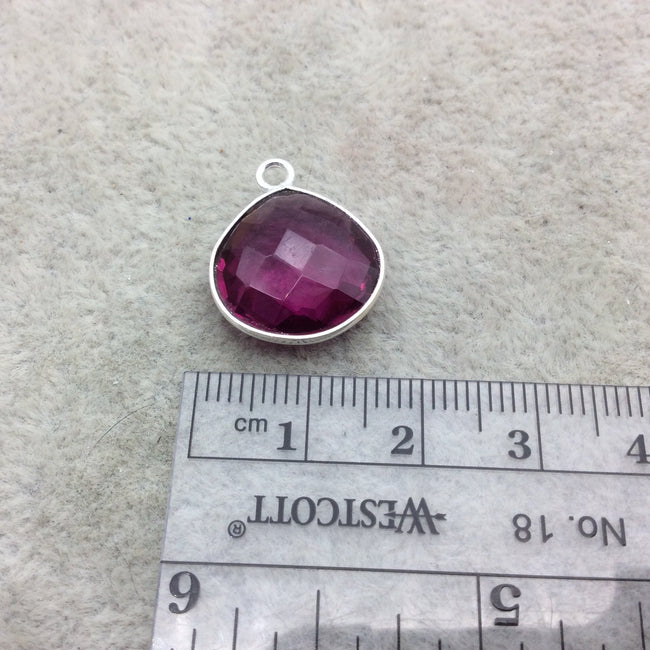 Sterling Silver Faceted Magenta (Lab Created) Quartz Heart/Teardrop Shaped Bezel Pendant - Measuring 15mm x 15mm - Sold Individually