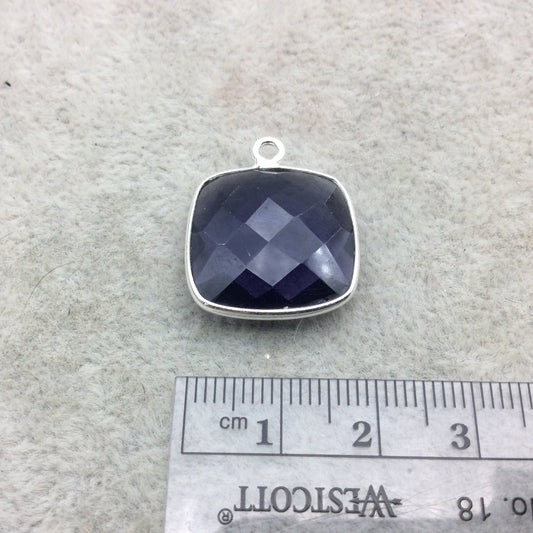 Sterling Silver Faceted Amethyst (Lab Created) Quartz Square Shaped Bezel Pendant - Measuring 18mm x 18mm - Sold Individually