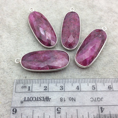 Sterling Silver Faceted Long Oval Shape Corundum/Ruby Bezel Pendant Component - ~ 12mm x 35mm - Natural  Semi-Precious Gemstone
