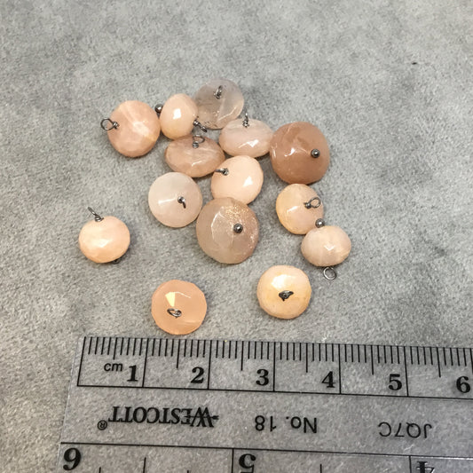Peach Moonstone Bezel | Gunmetal Plated Natural Faceted Rondelle Shaped Loop Pendant - Measuring 9mm - 10mm, Approx.