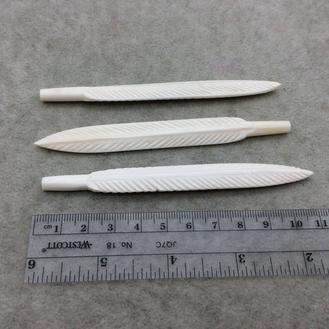 4" Detailed White/Ivory Carved Feather Shape Natural Ox Bone Component W .8mm PARTIALLY End Drilled 1/4" Hole  ~  12mm x 100-110mm Approx.
