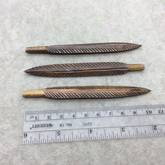 4" Detailed Dark Brown Carved Feather Shape Natural Ox Bone Component W .8mm PARTIALLY End Drilled 1/4" Hole  ~  12mm x 100-110mm Approx.