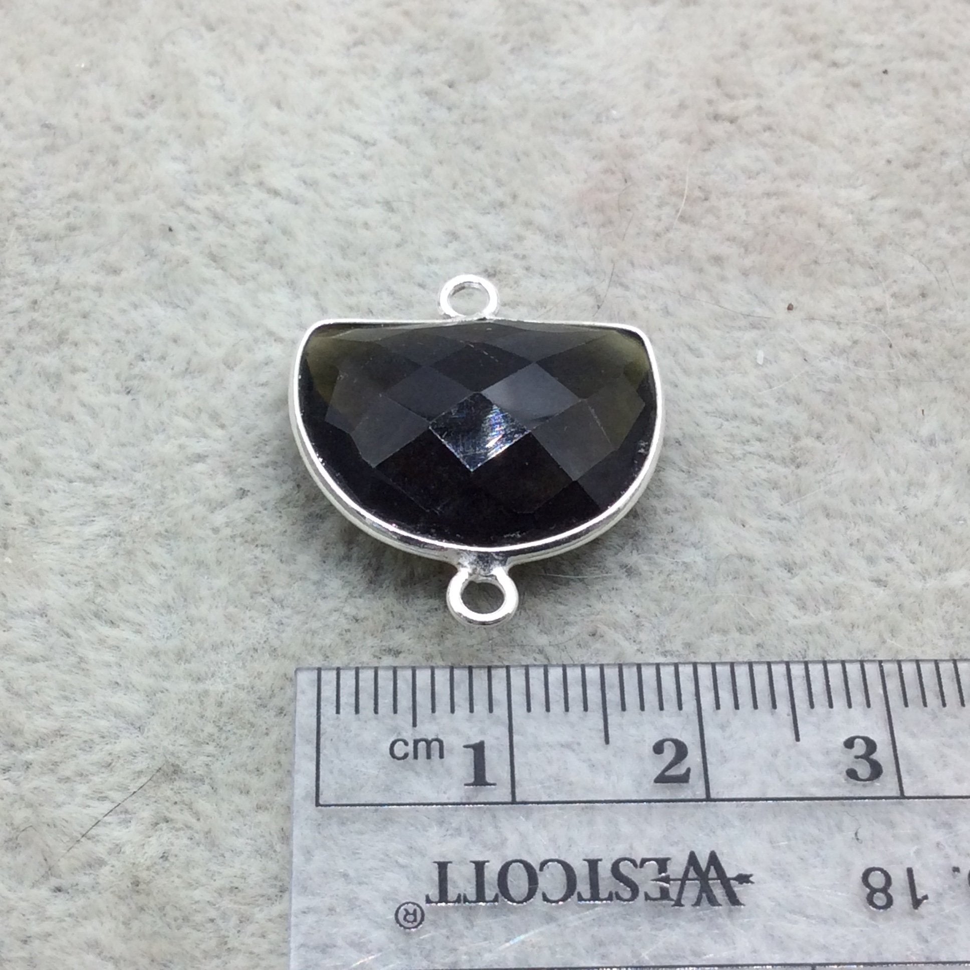 Sterling Silver Faceted Dark Olive (Lab Created) Quartz Half Moon Shaped Bezel 2 Ring Connector - Measuring 16mm x 20mm - Sold Individually