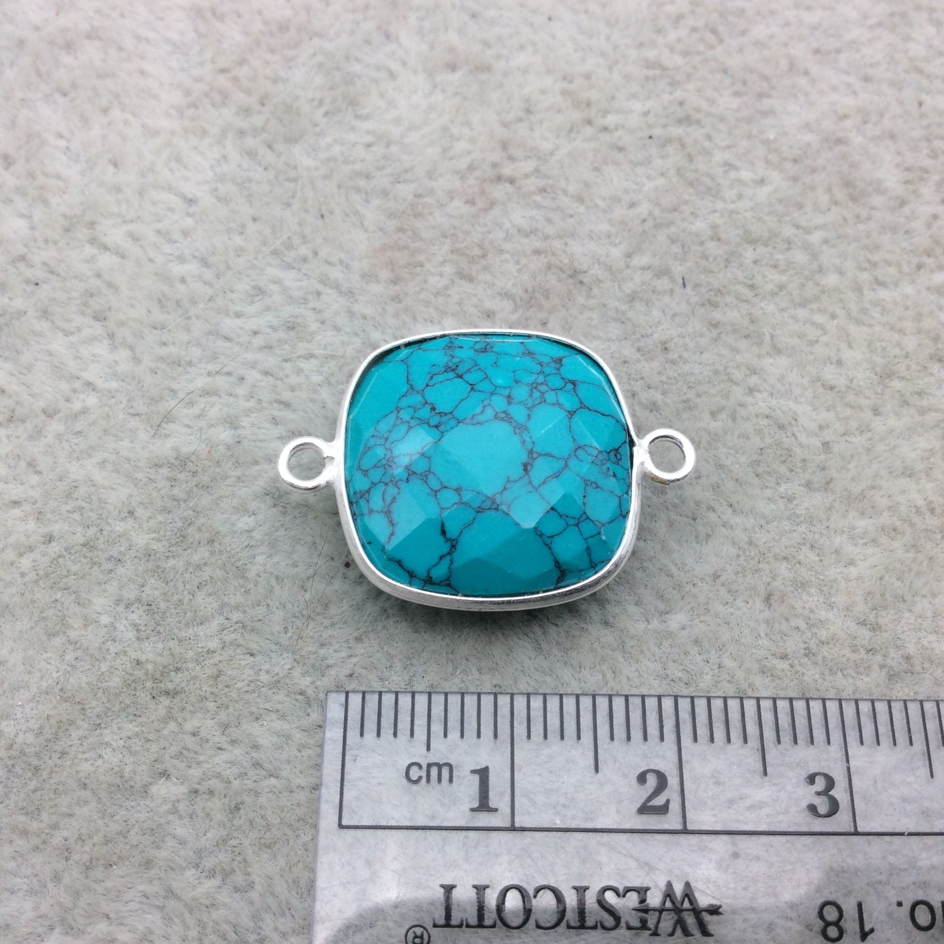 Sterling Silver Faceted Dyed Veined Turquoise Howlite Square Shaped Bezel Connector - Measuring 18mm x 18mm - Sold Individually