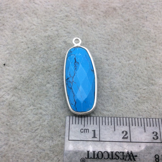 Sterling Silver Faceted Dyed Veined Blue Howlite Round Rectangle Shaped Bezel Pendant - Measuring 10mm x 25mm - Sold Individually