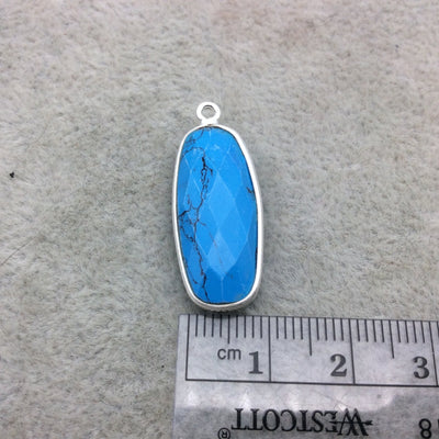 Sterling Silver Faceted Dyed Veined Blue Howlite Round Rectangle Shaped Bezel Pendant - Measuring 10mm x 25mm - Sold Individually