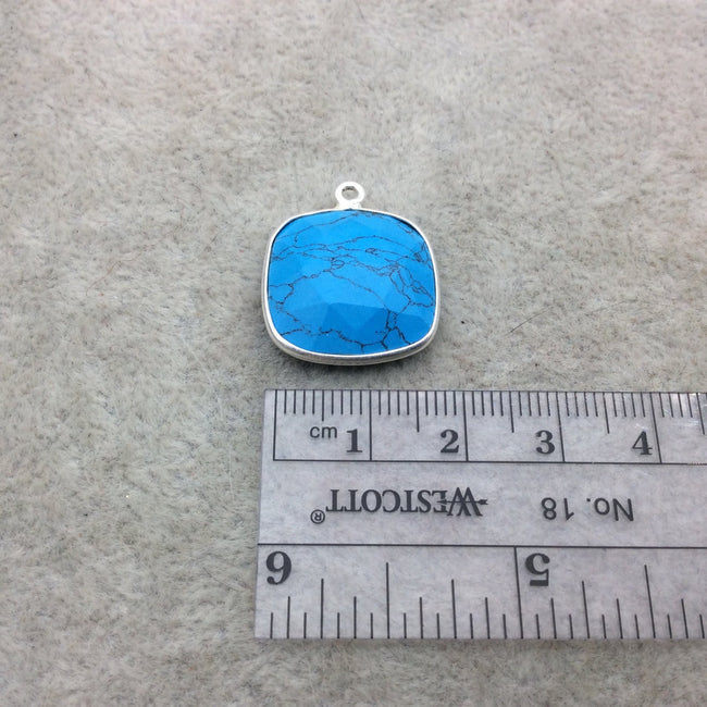 Sterling Silver Faceted Flat Back Dyed Veined Blue Howlite Square Shaped Bezel Pendant - Measuring 18mm x 18mm - Sold Individually