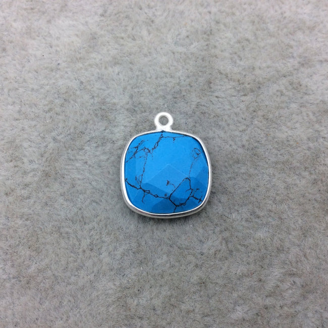Sterling Silver Faceted Flat Back Dyed Veined Blue Howlite Square Shaped Bezel Pendant - Measuring 15mm x 15mm - Sold Individually