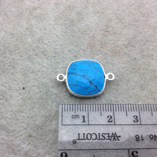 Sterling Silver Faceted Flat Back Dyed Veined Blue Howlite Square Shaped Bezel Connector - Measuring 15mm x 15mm - Sold Individually