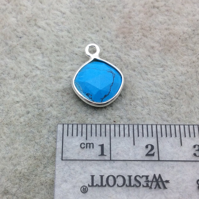 Sterling Silver Faceted Flat Back Dyed Veined Blue Howlite Diamond Shaped Bezel Pendant - Measuring 10mm x 10mm - Sold Individually