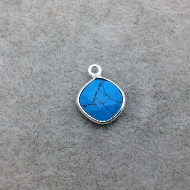 Sterling Silver Faceted Flat Back Dyed Veined Blue Howlite Diamond Shaped Bezel Pendant - Measuring 10mm x 10mm - Sold Individually
