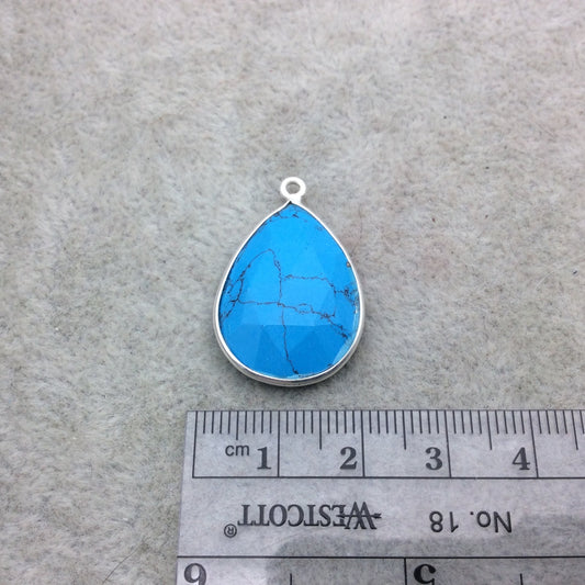 Sterling Silver Faceted Flat Back Dyed Veined Blue Howlite Teardrop Shaped Bezel Pendant - Measuring 18mm x 25mm - Sold Individually