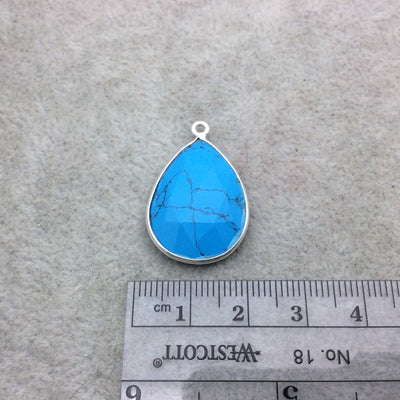 Sterling Silver Faceted Flat Back Dyed Veined Blue Howlite Teardrop Shaped Bezel Pendant - Measuring 18mm x 25mm - Sold Individually