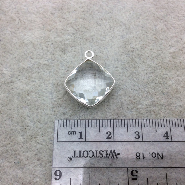 Sterling Silver Faceted Clear (Lab Created) Quartz Diamond Shaped Bezel Pendant - Measuring 15mm x 15mm - Sold Individually