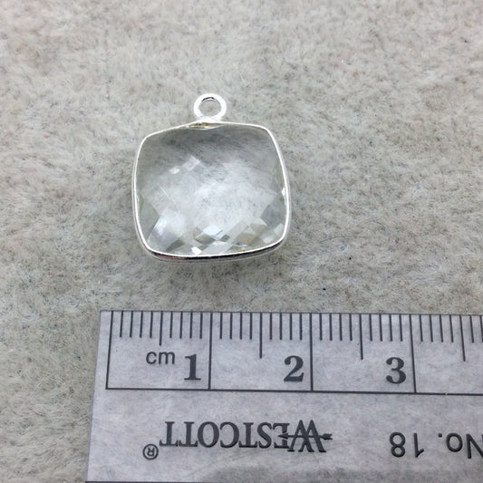 Sterling Silver Faceted Clear (Lab Created) Quartz Square Shaped Bezel Pendant - Measuring 15mm x 15mm - Sold Individually