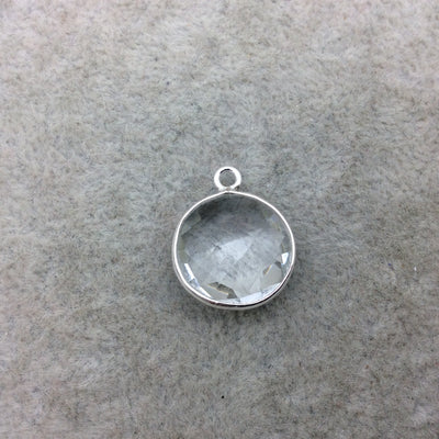 Sterling Silver Faceted Clear (Lab Created) Quartz Round Shaped Bezel Pendant - Measuring 15mm x 15mm - Sold Individually