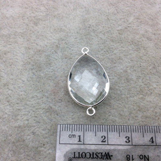 Sterling Silver Faceted Clear (Lab Created) Quartz Teardrop Shaped Bezel Connector - Measuring 18mm x 25mm - Sold Individually