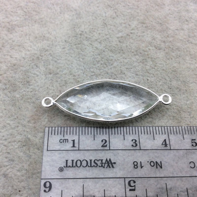 Sterling Silver Faceted Clear (Lab Created) Quartz Marquise Shaped Bezel Connector - Measuring 15mm x 35mm - Sold Individually