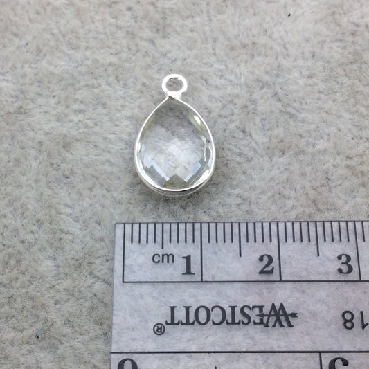 Sterling Silver Faceted Clear (Lab Created) Quartz Teardrop Shaped Bezel Pendant - Measuring 10mm x 13mm - Sold Individually
