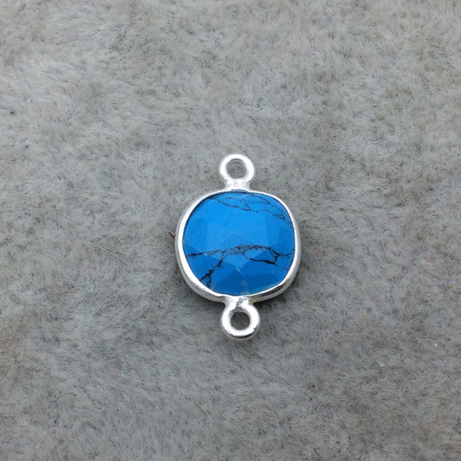 Sterling Silver Faceted Flat Back Dyed Veined Blue Howlite Square Shaped Bezel Connector - Measuring 10mm x 10mm - Sold Individually