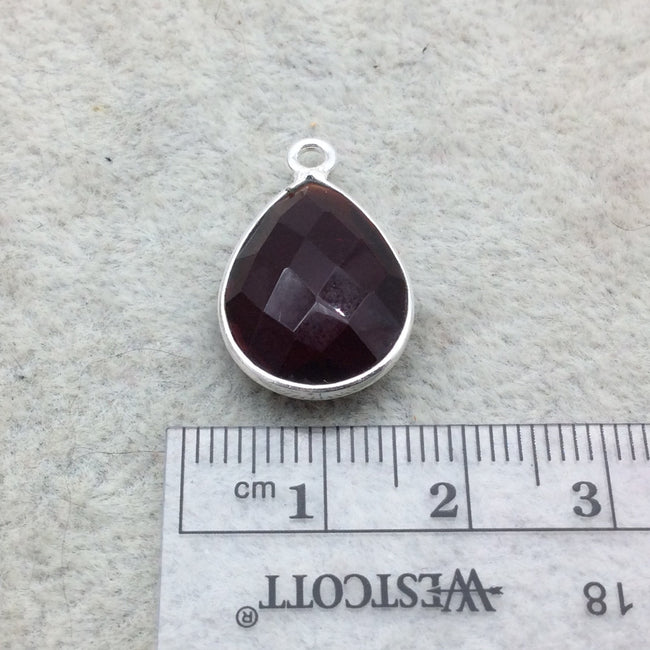 Sterling Silver Faceted Deepest Red (Lab Created) Quartz Teardrop Shaped Bezel Pendant - Measuring 13mm x 18mm - Sold Individually