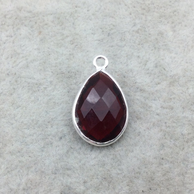 Sterling Silver Faceted Deepest Red (Lab Created) Quartz Teardrop Shaped Bezel Pendant - Measuring 13mm x 18mm - Sold Individually
