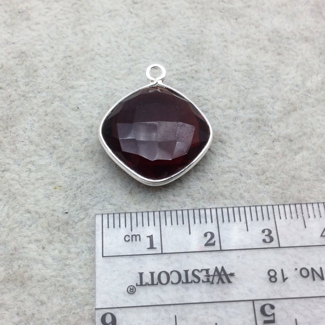 Sterling Silver Faceted Deepest Red (Lab Created) Quartz Diamond Shaped Bezel Pendant - Measuring 18mm x 18mm - Sold Individually