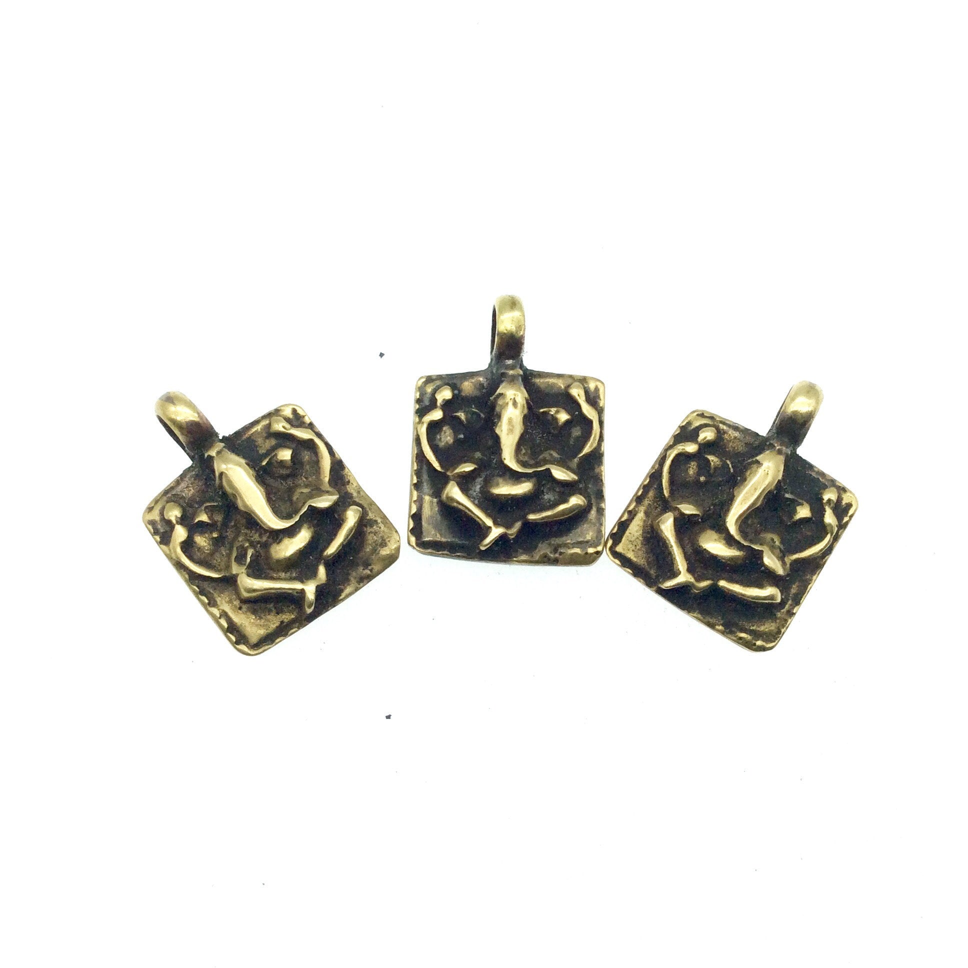 1/2" Oxidized Gold Plated Rustic Seated Ganesha Copper Square God/Deity Pendant W Attached Ring  - 15mm x 15mm, Approximately