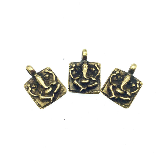 1/2" Oxidized Gold Plated Rustic Seated Ganesha Copper Square God/Deity Pendant W Attached Ring  - 15mm x 15mm, Approximately