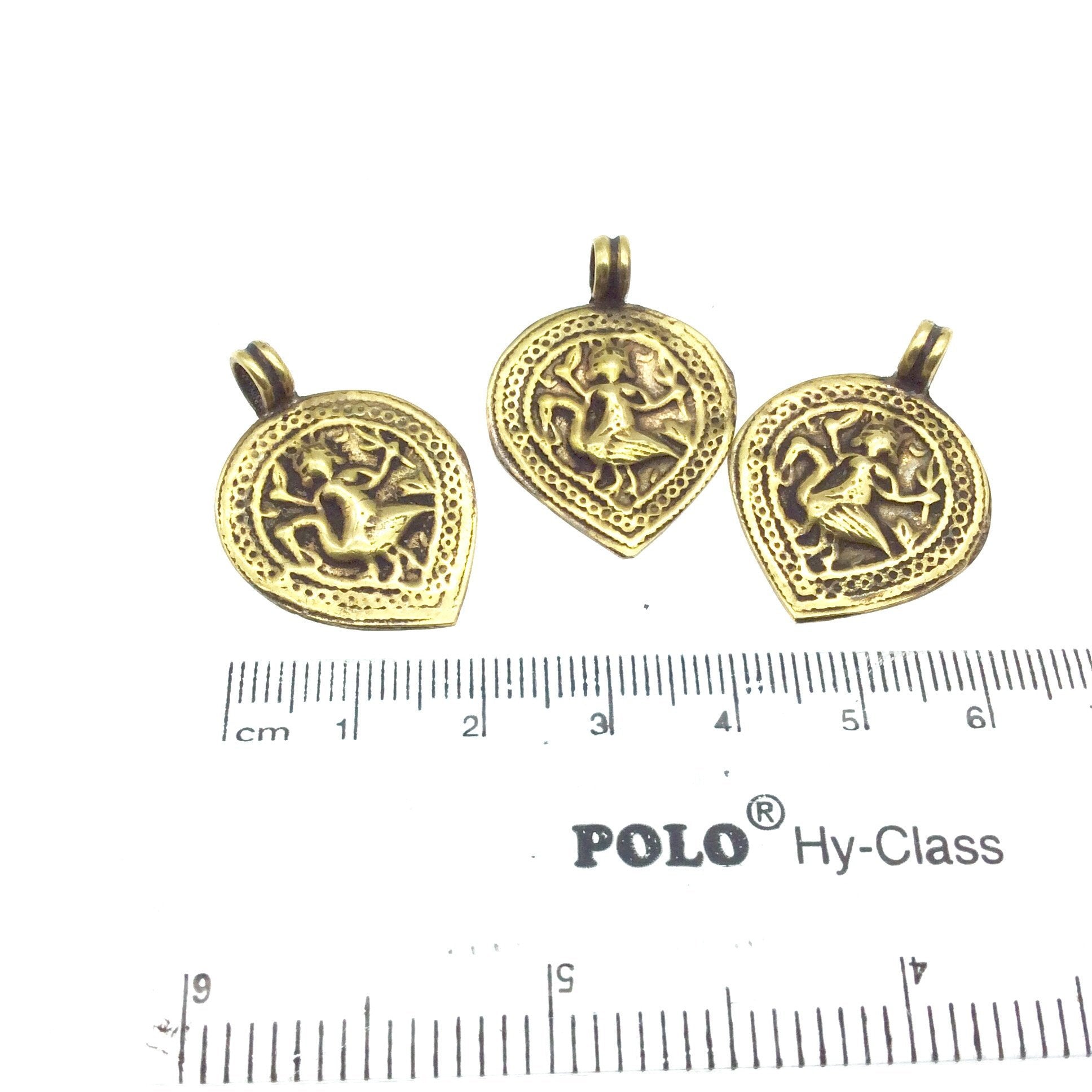 1" Oxidized Gold Plated Rustic Brahma and Peacock Copper Teardrop God/Deity Pendant W Attached Ring  - 22mm x 25mm, Approximately
