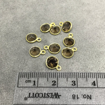 BULK PACK of Six (6) Gold Sterling Silver Pointed/Cut Stone Faceted Round/Coin Shaped Smoky Quartz Bezel Pendants - Measuring 6mm x 6mm