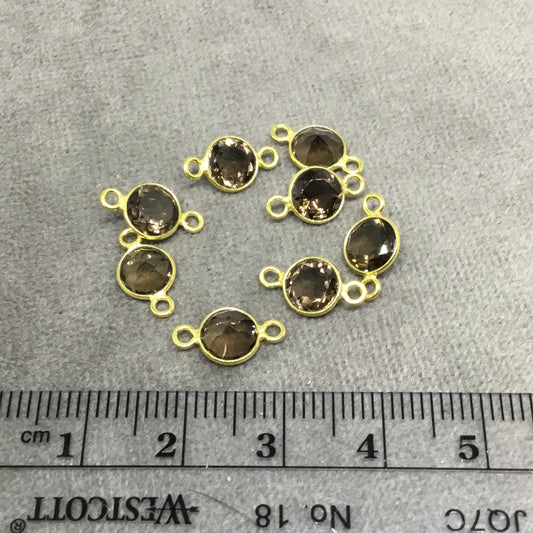BULK PACK of Six (6) Gold Sterling Silver Pointed/Cut Stone Faceted Round/Coin Shaped Smoky Quartz Bezel Connectors - Measuring 6 x 6mm
