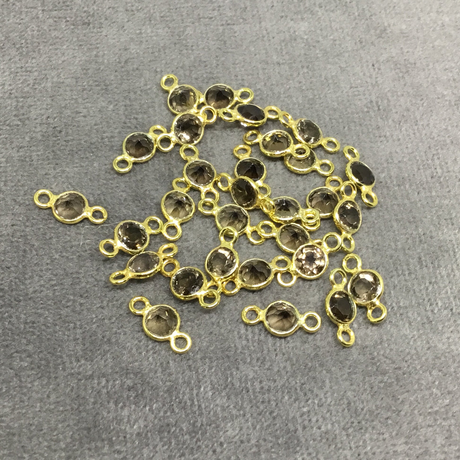 BULK PACK of Six (6) Gold Sterling Silver Pointed/Cut Stone Faceted Round/Coin Shaped Smoky Quartz Bezel Connectors - Measuring 4 x 4mm