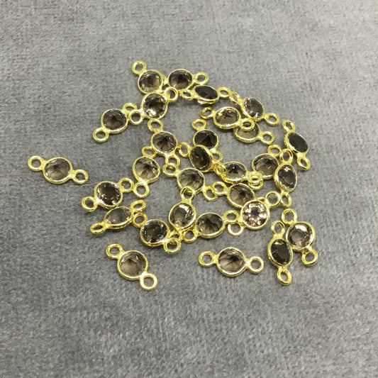 BULK PACK of Six (6) Gold Sterling Silver Pointed/Cut Stone Faceted Round/Coin Shaped Smoky Quartz Bezel Connectors - Measuring 4 x 4mm