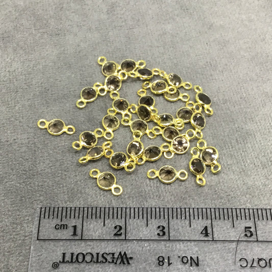 BULK PACK of Six (6) Gold Sterling Silver Pointed/Cut Stone Faceted Round/Coin Shaped Smoky Quartz Bezel Connectors - Measuring 4 x 4mm