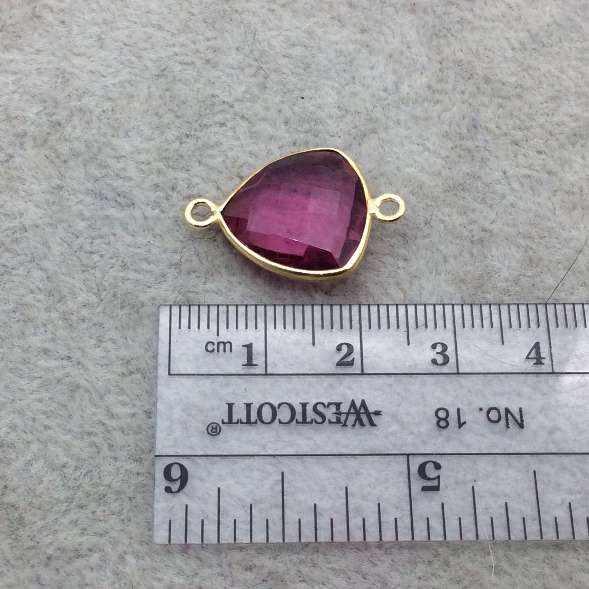 Gold Vermeil Faceted Fuchsia Pink Hydro (Lab Created) Quartz Trillion Shaped Bezel Connector - Measuring 15mm x 15mm - Sold Individually