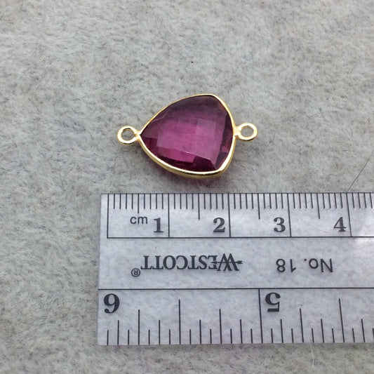 Gold Vermeil Faceted Fuchsia Pink Hydro (Lab Created) Quartz Trillion Shaped Bezel Connector - Measuring 15mm x 15mm - Sold Individually
