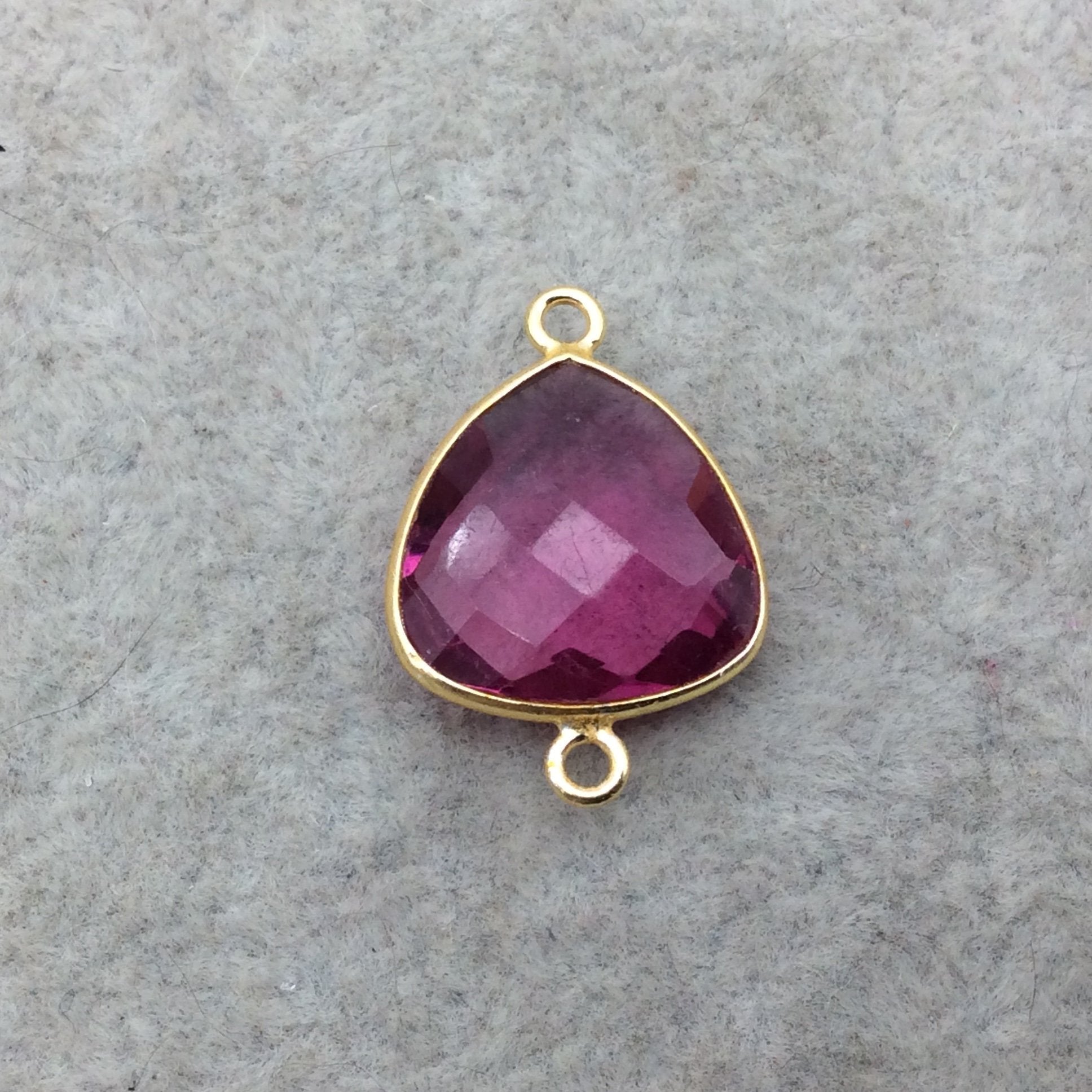Gold Vermeil Faceted Fuchsia Pink Hydro (Lab Created) Quartz Trillion Shaped Bezel Connector - Measuring 15mm x 15mm - Sold Individually