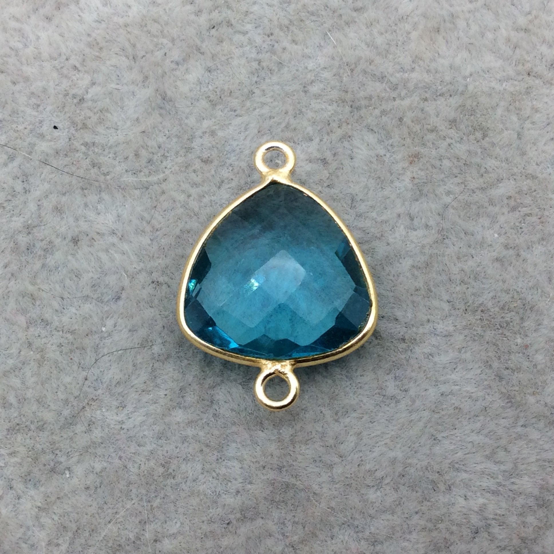 Gold Vermeil Faceted Aqua Blue Hydro (Lab Created) Quartz Trillion Shaped Bezel Connector - Measuring 15mm x 15mm - Sold Individually
